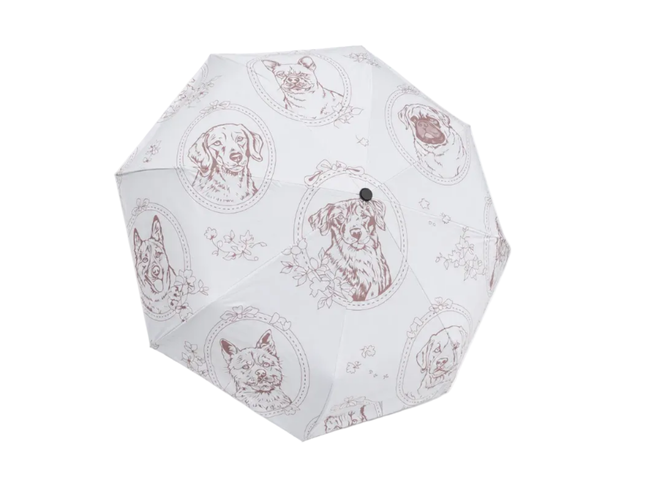 A white folding umbrella with a repeating pattern of brown dog illustrations inside oval frames, shown against a plain white background.