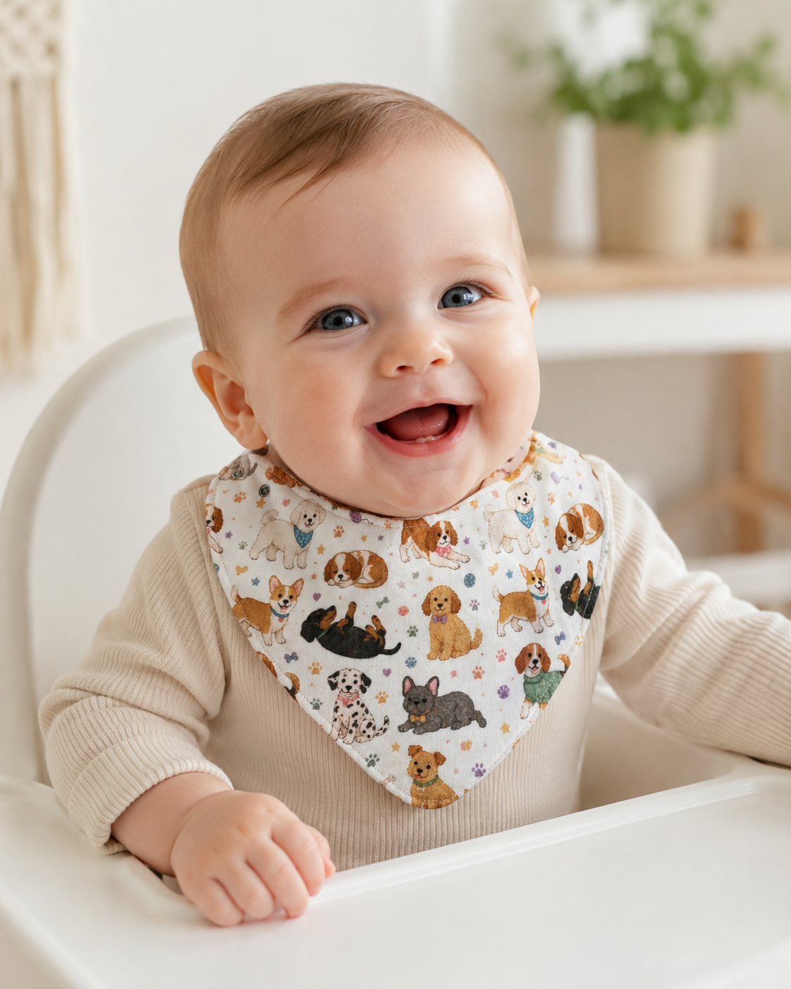 A smiling baby sitting in a white high chair wearing a cream bib printed with various dog illustrations, set against a softly blurred indoor background.
