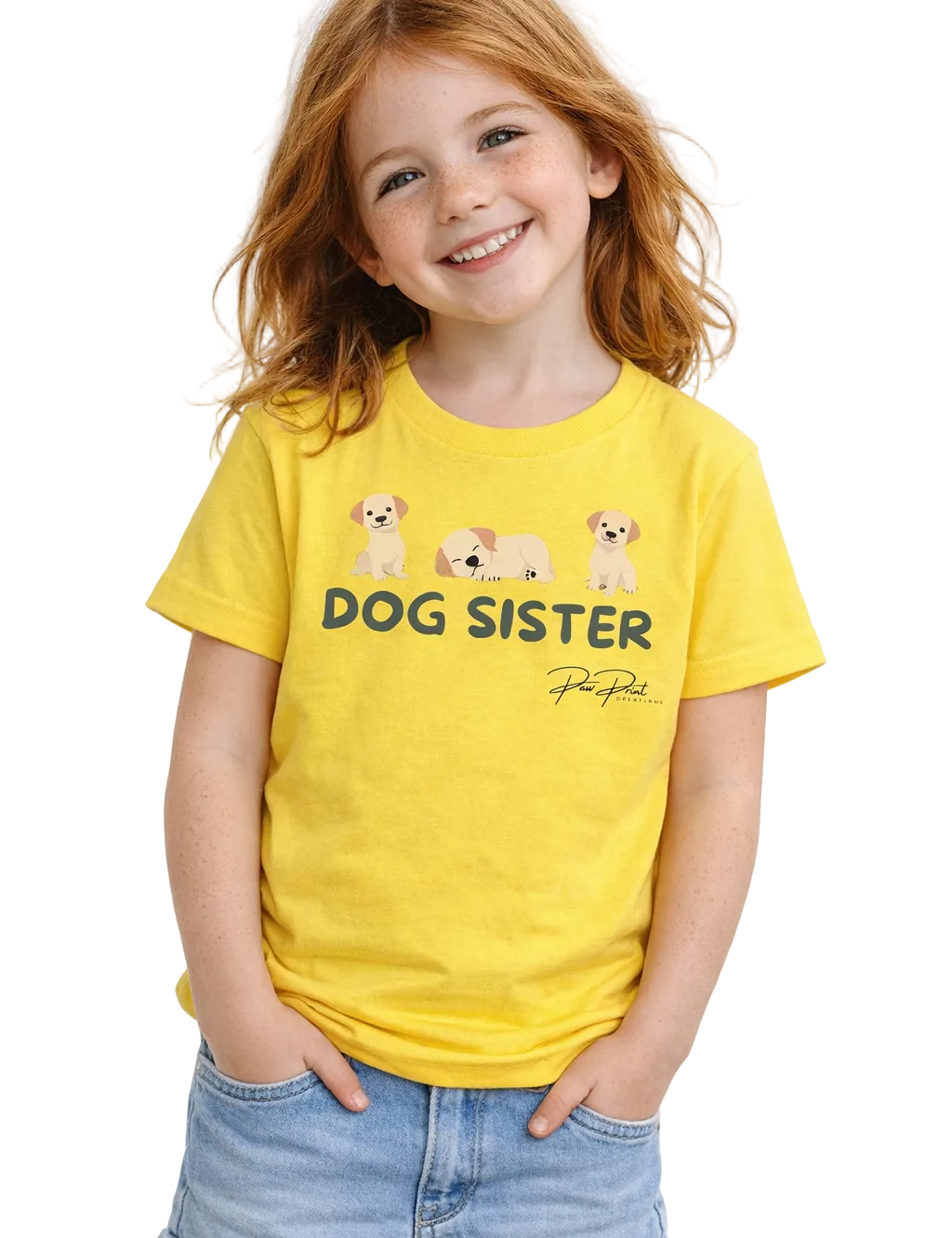 Child wearing a yellow 'Dog Sister' t-shirt with cartoon dogs on a white background