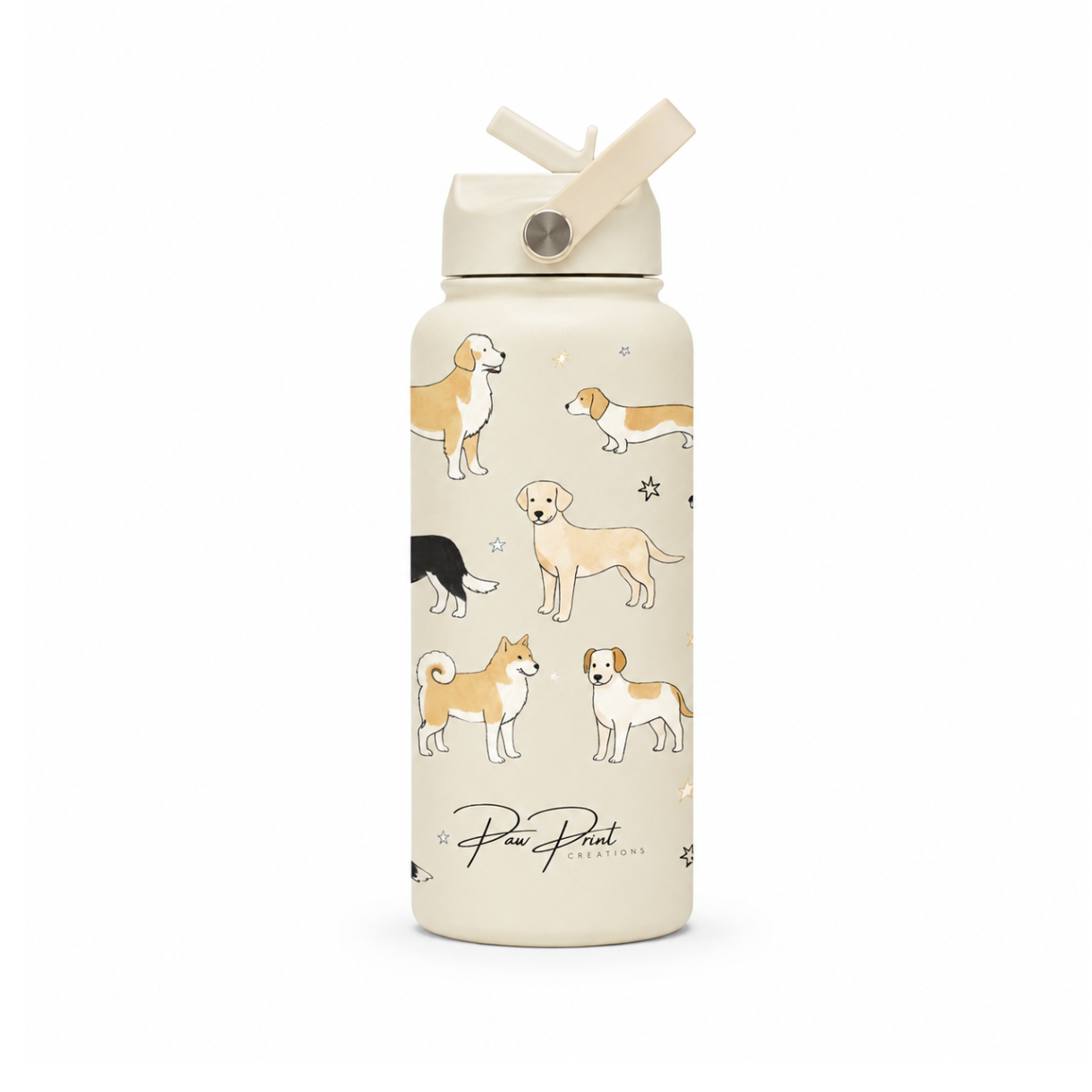Water bottle with dog illustrations on a white background