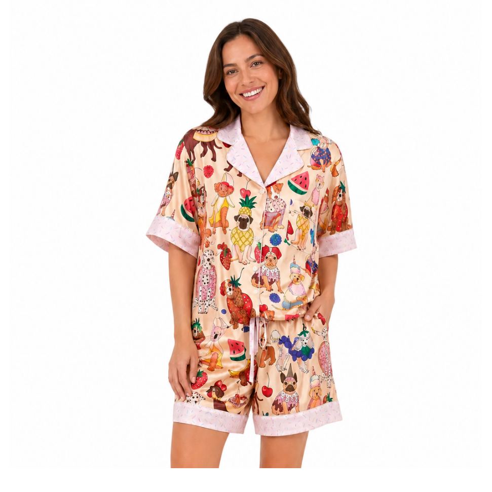 A woman modeling a two-piece pajama set featuring a colorful fruit and vegetable print on a light beige background, with light pink trim on the collar, sleeve cuffs, and shorts.