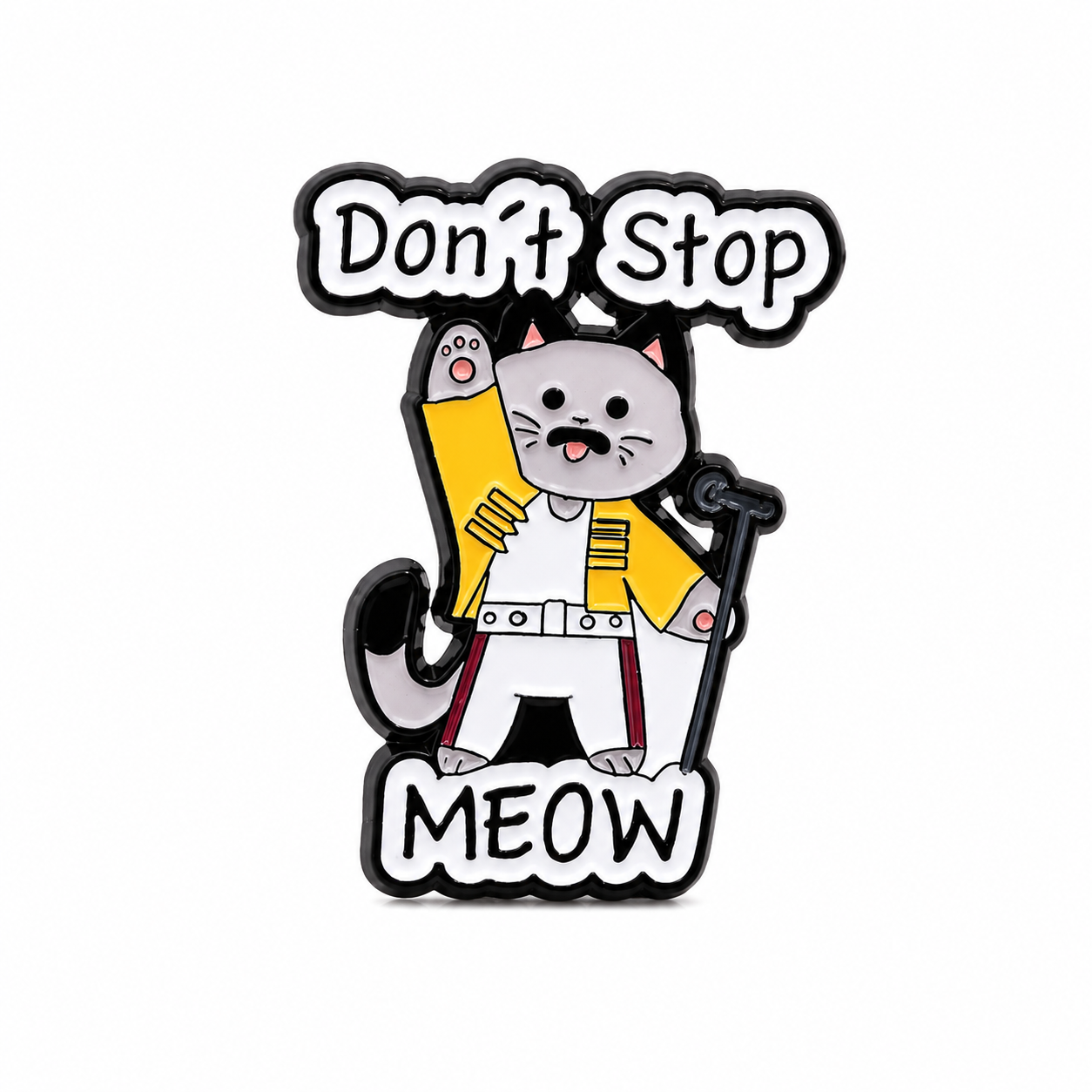 A cartoon enamel pin featuring a white cat dressed as Freddie holding a microphone, with the text 'Don't Stop MEOW' in white bubble letters with black outlines, set against a plain white background.