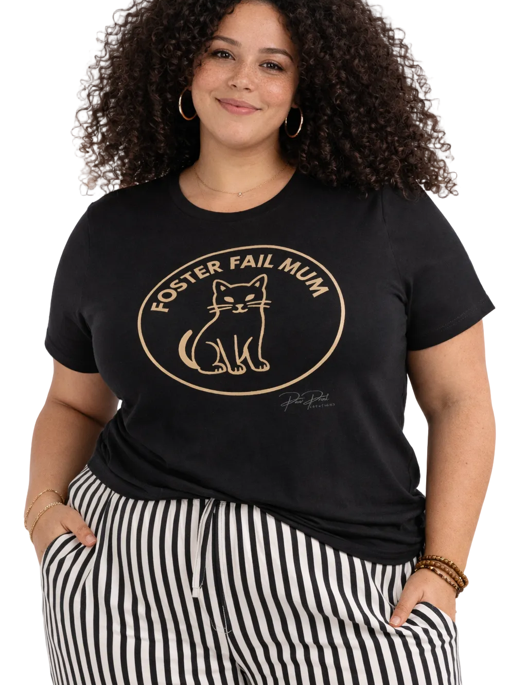 Woman wearing a black t-shirt with 'Foster Fail Mum' text and cat graphic.