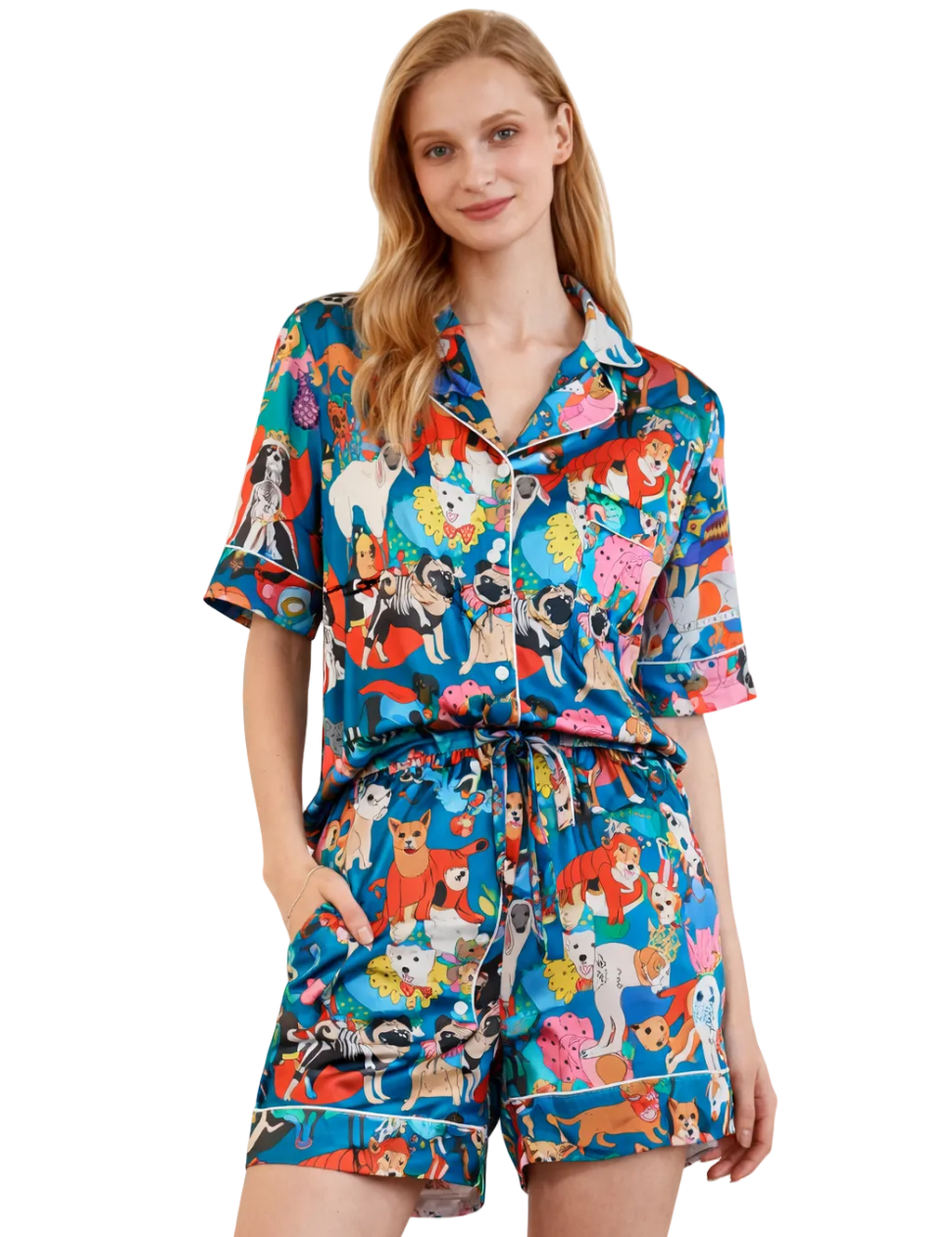 Woman wearing a colorful pajama set with animal print on a white background