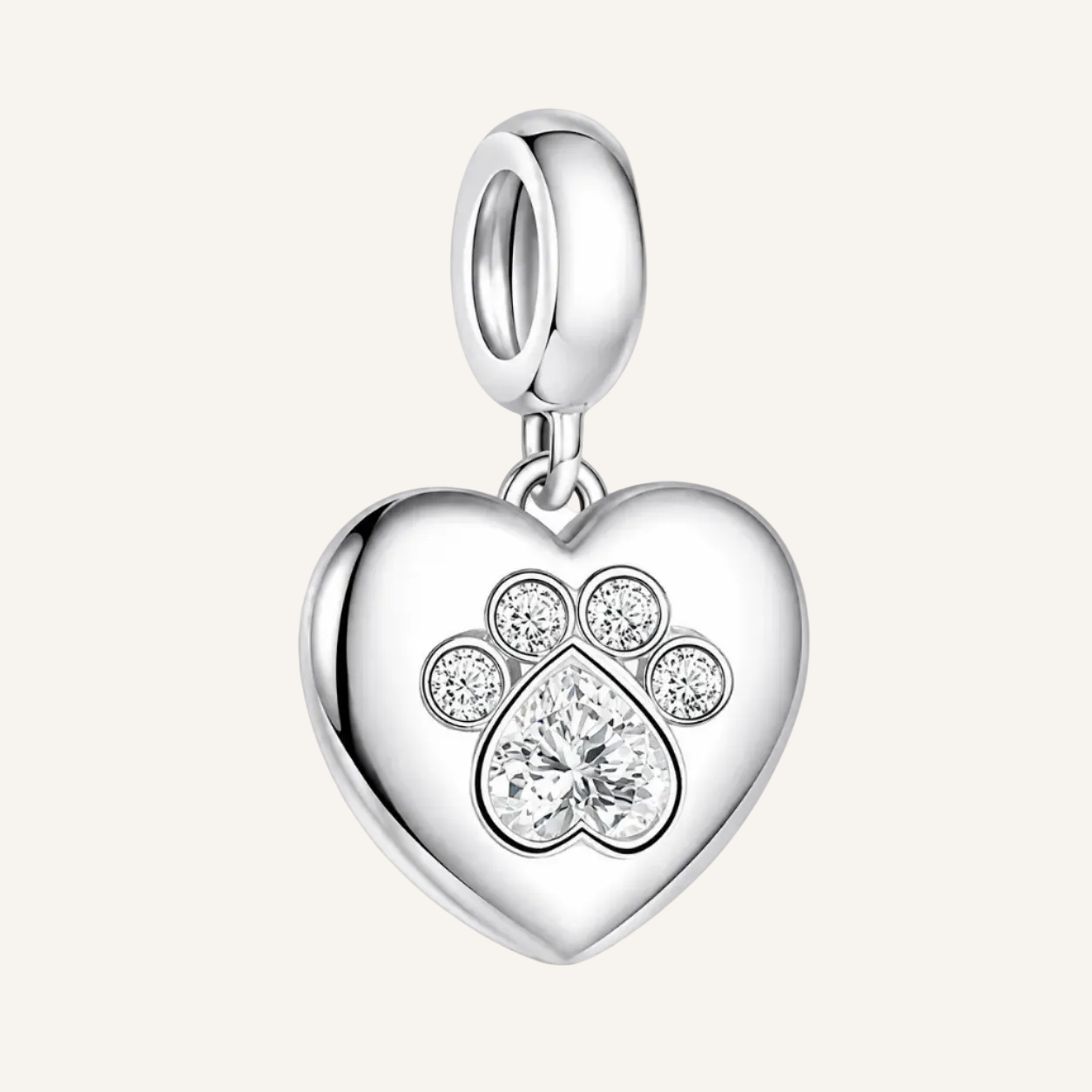 A polished silver heart-shaped pendant charm featuring a paw print design with clear crystal stones, shown on a clean white background.
