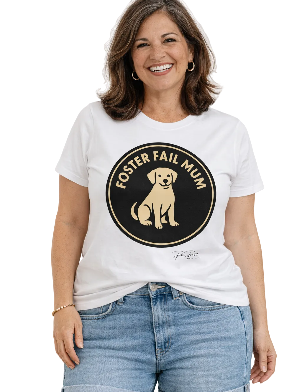Woman wearing a white t-shirt with 'Foster Fail Mum' graphic design on a white background