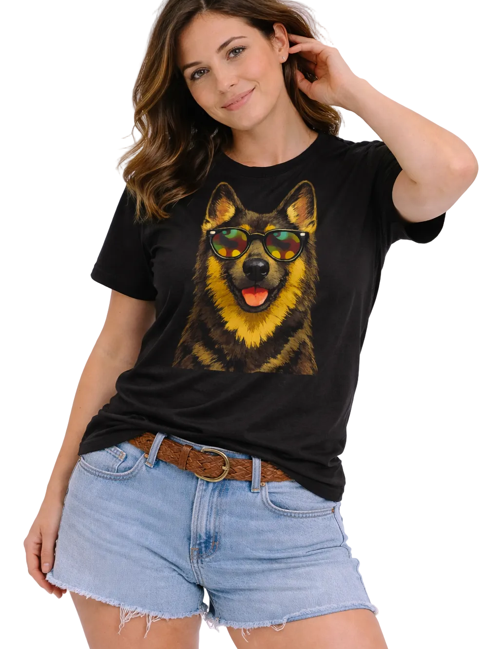 Woman wearing a black t-shirt with a dog graphic and sunglasses, standing against a white background