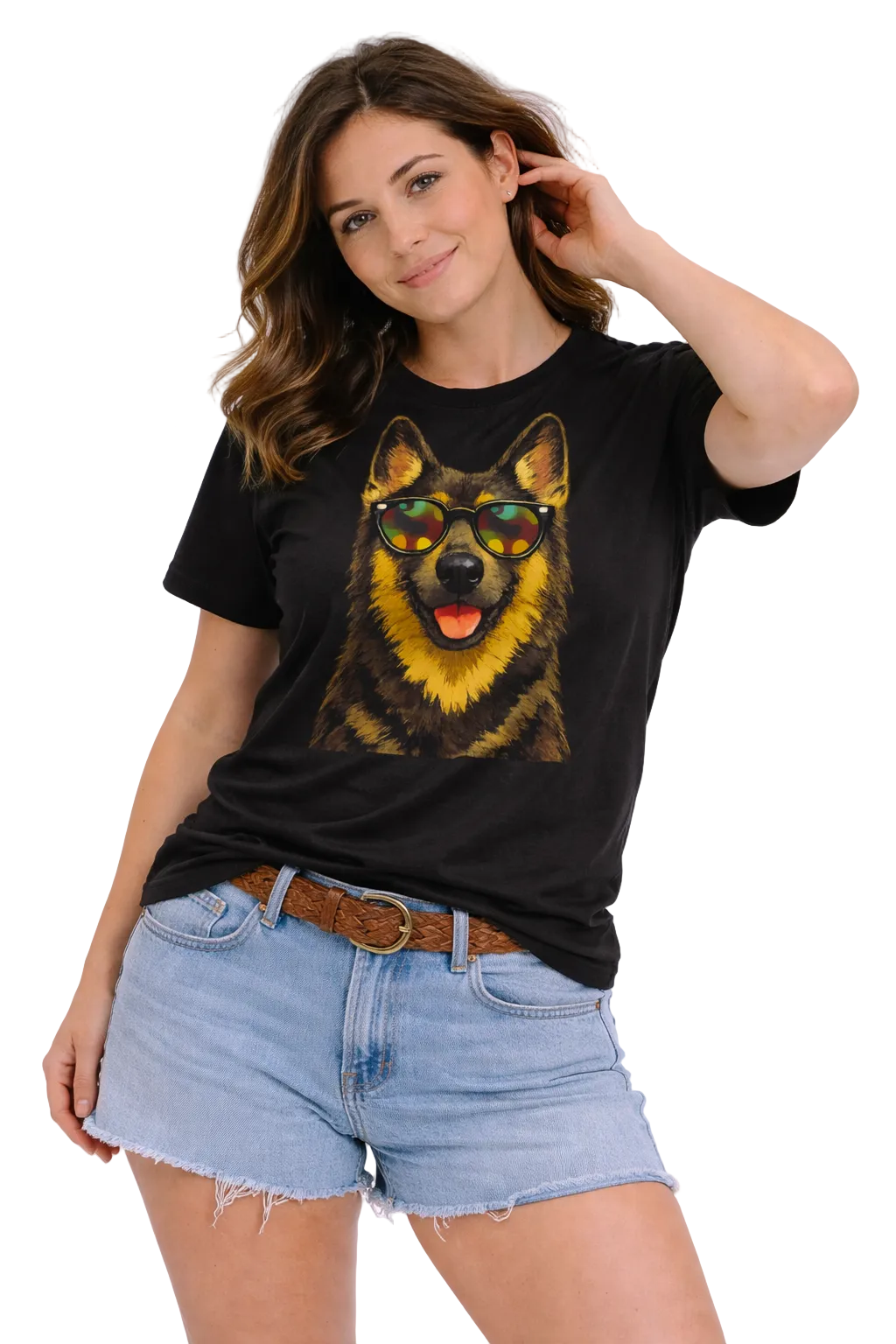 Woman wearing a black t-shirt with a dog graphic and sunglasses, standing against a white background