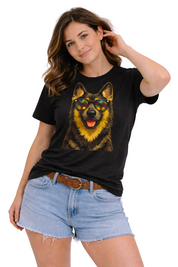 Woman wearing a black t-shirt with a dog graphic and sunglasses, standing against a white background
