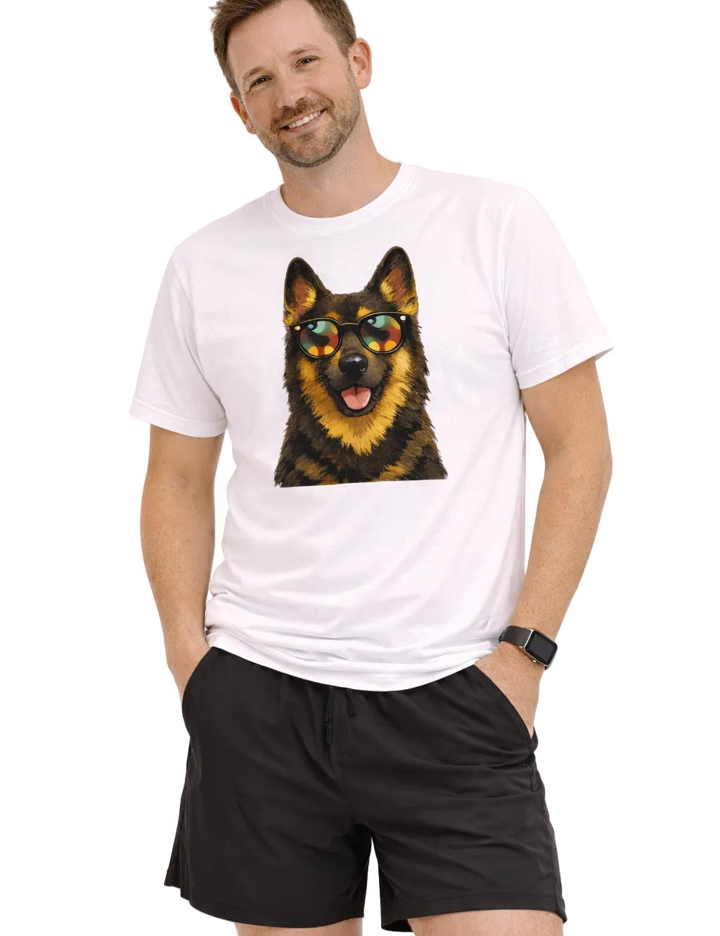 Man wearing a white t-shirt with a dog graphic and black shorts on a white background