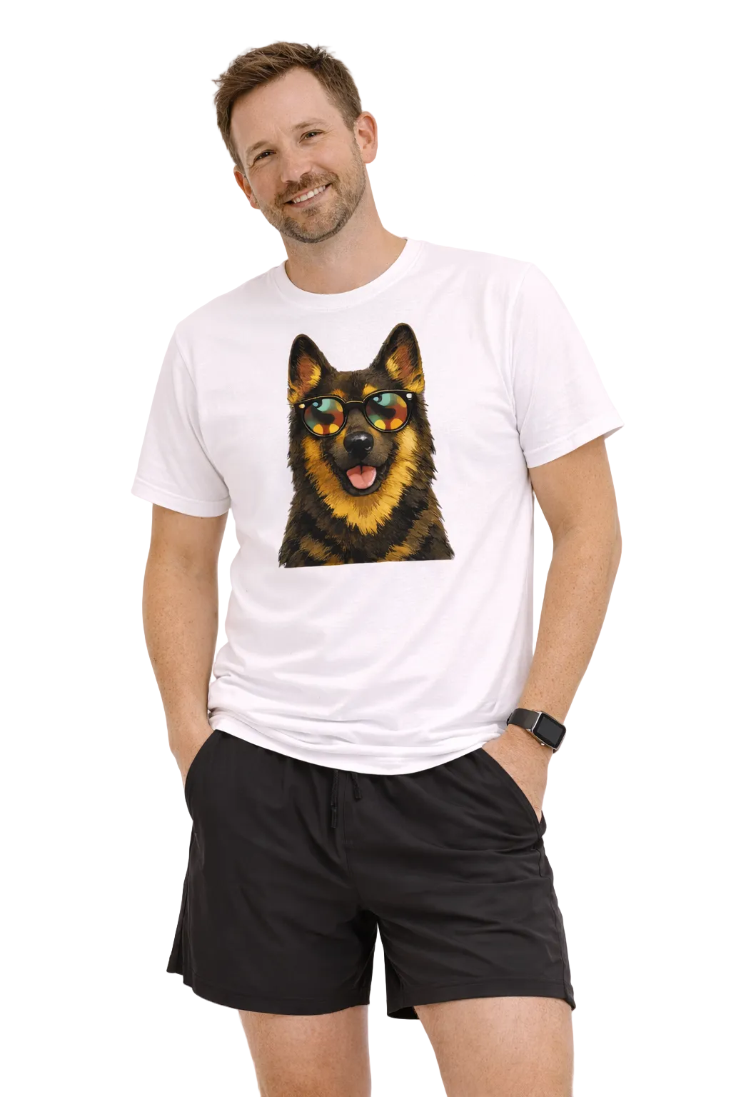 Man wearing a white t-shirt with a dog graphic and black shorts on a white background