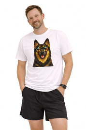 Man wearing a white t-shirt with a dog graphic and black shorts on a white background