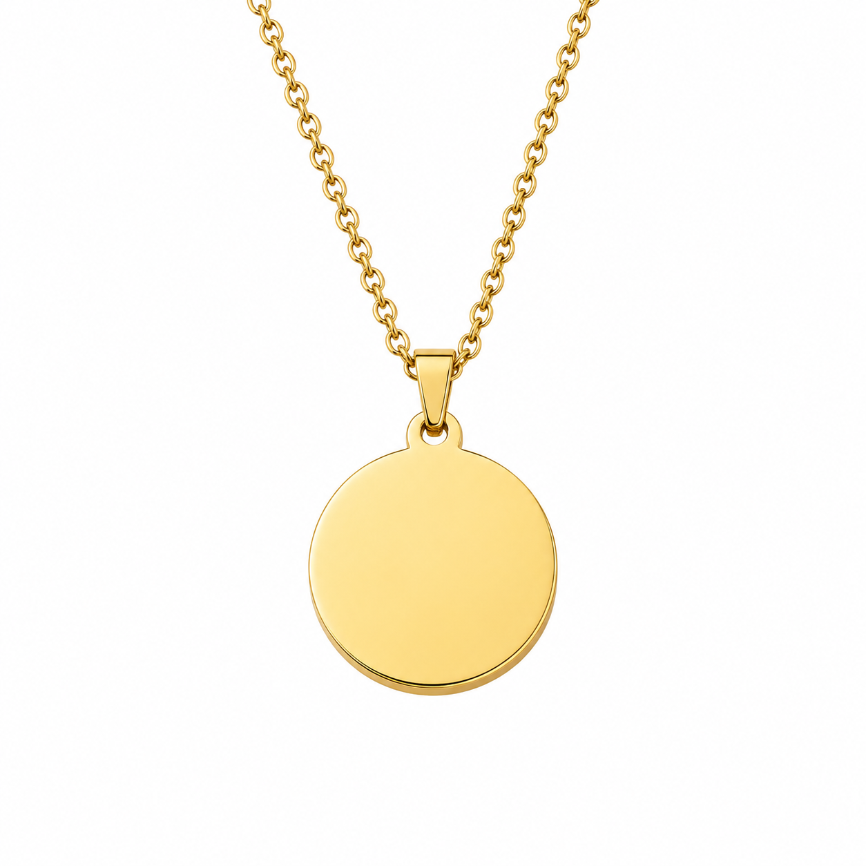 Gold necklace with a round pendant on a white background