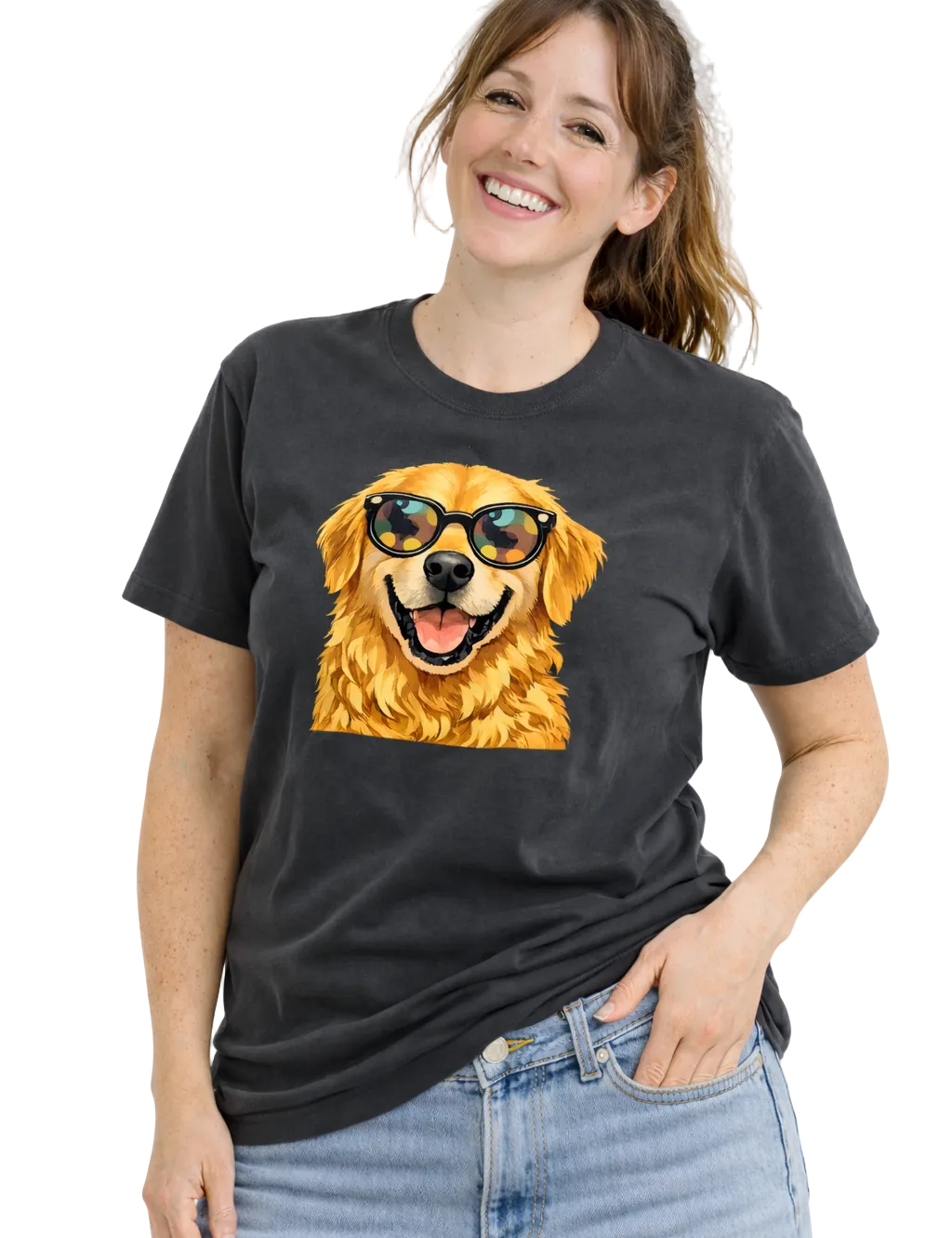 Woman wearing a black t-shirt with a dog graphic and sunglasses on a white background