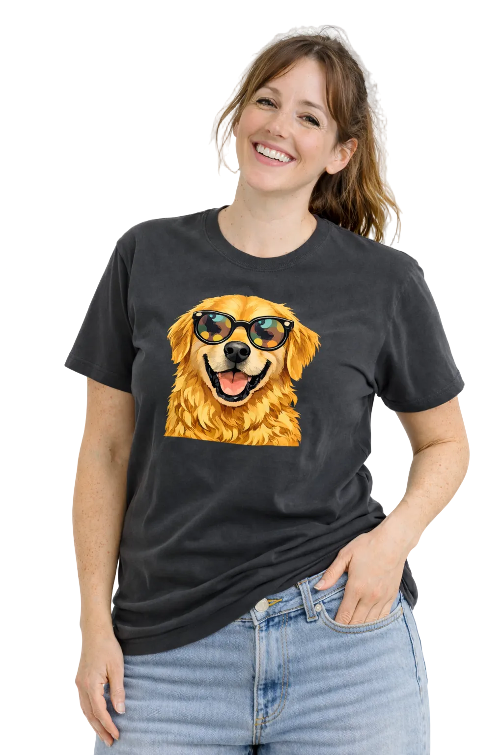 Woman wearing a black t-shirt with a dog graphic and sunglasses on a white background