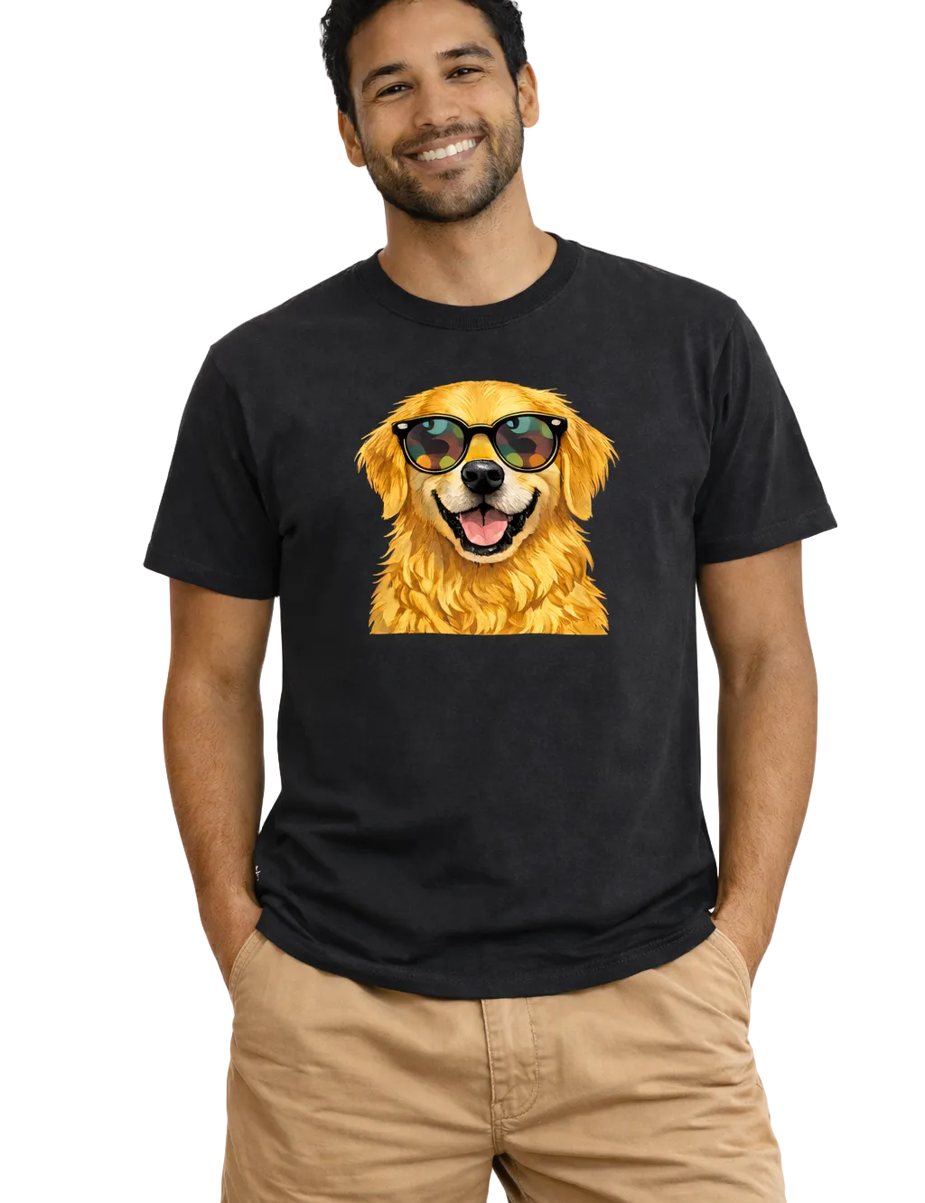 Man wearing a black t-shirt with a dog graphic and sunglasses on a white background