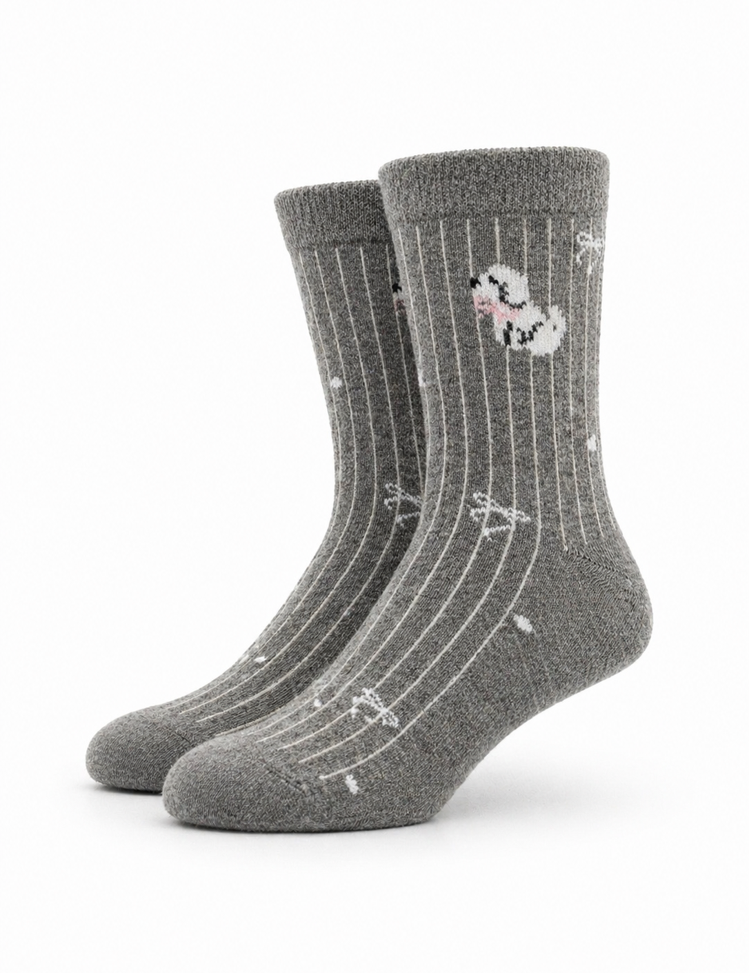 Gray socks with white patterns on a white background
