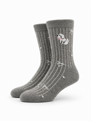 Gray socks with white patterns on a white background