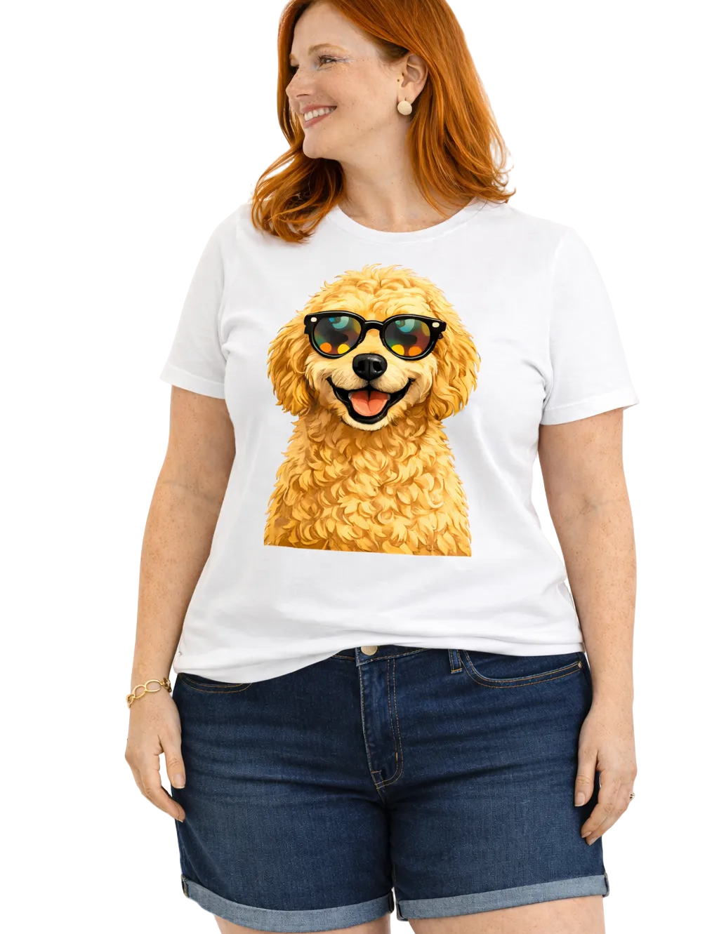 Woman wearing a white t-shirt with a dog graphic and sunglasses on a white background