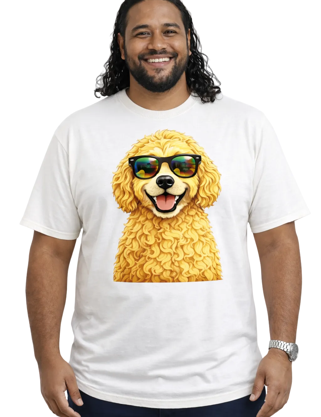 Man wearing a white t-shirt with a dog graphic wearing sunglasses on a white background