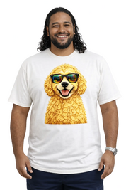 Man wearing a white t-shirt with a dog graphic wearing sunglasses on a white background