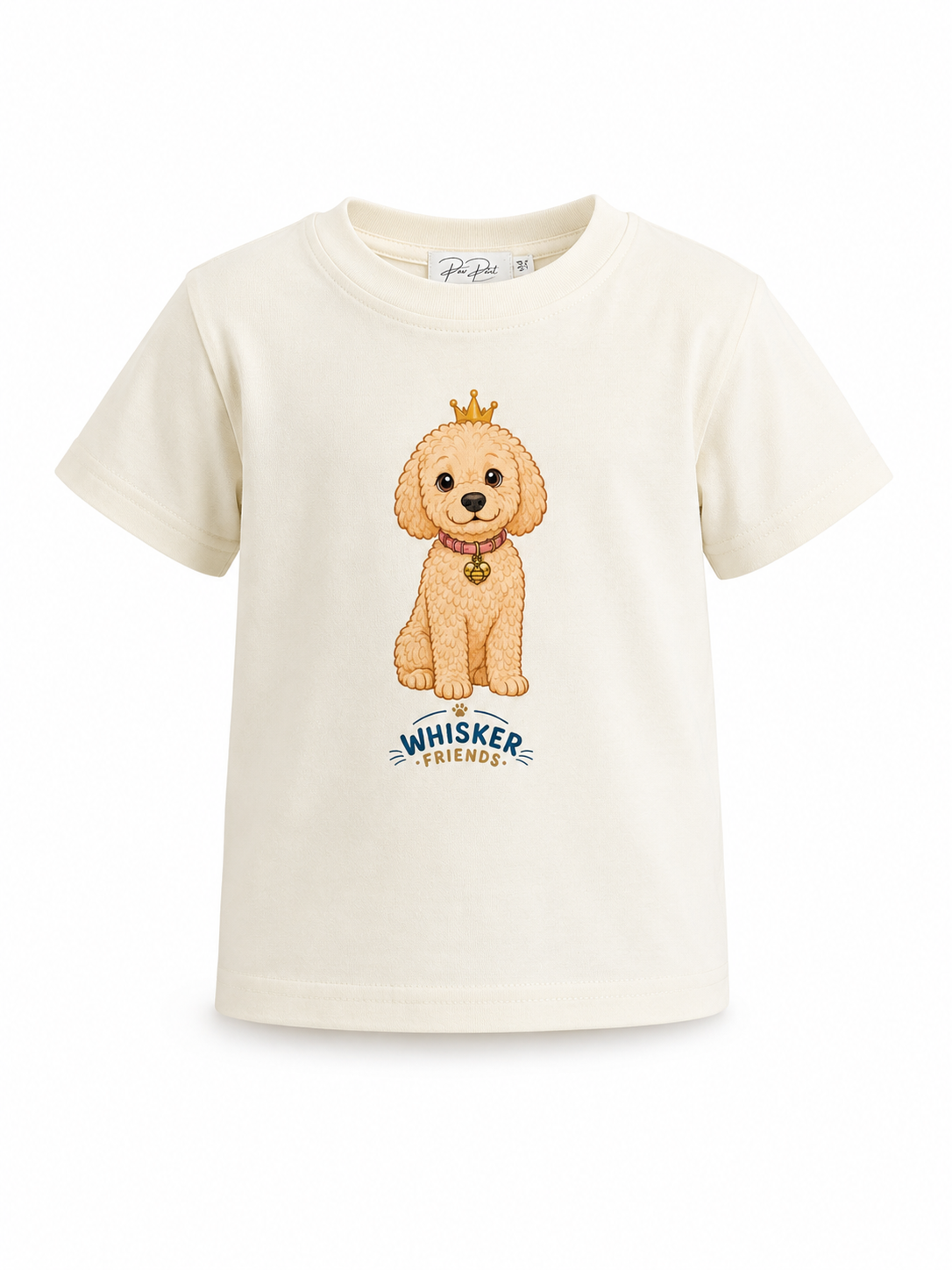 An off-white short-sleeve crewneck t-shirt featuring a graphic of a cute golden poodle wearing a gold crown with the text 'WHISKER FRIENDS' printed below, displayed on a clean white background.