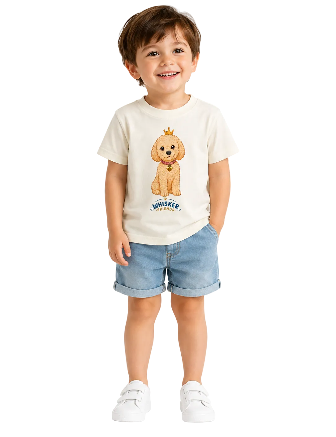 A young child wearing a cream-colored t-shirt with a cartoon dog graphic and the text 'MINIWEEK' underneath, paired with light blue denim shorts and white sneakers, standing against a plain white background.