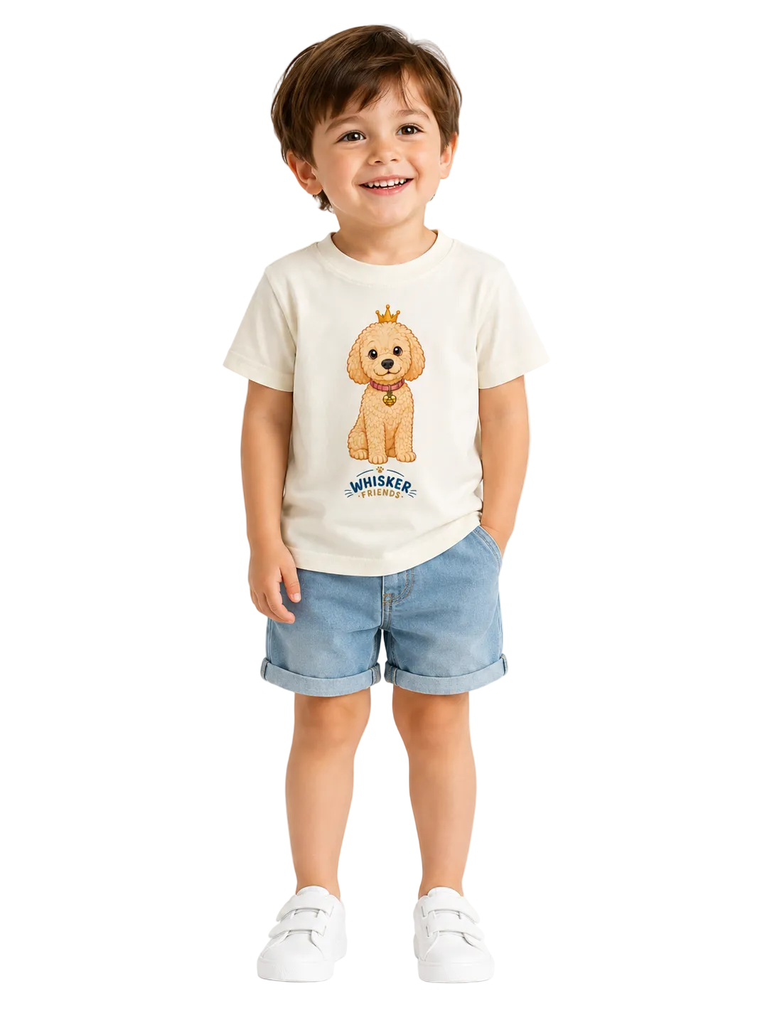 A young child wearing a cream-colored t-shirt with a cartoon dog graphic and the text 'MINIWEEK' underneath, paired with light blue denim shorts and white sneakers, standing against a plain white background.
