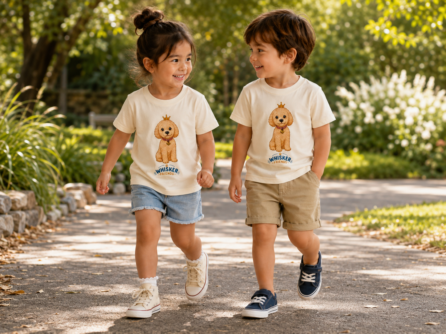 Two children walking outdoors on a sunlit path, wearing matching cream graphic T-shirts with a cartoon dog and the word 'Whisker Friends' on the front, paired with denim shorts and casual shoes.