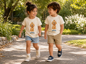Two children walking outdoors on a sunlit path, wearing matching cream graphic T-shirts with a cartoon dog and the word 'Whisker Friends' on the front, paired with denim shorts and casual shoes.