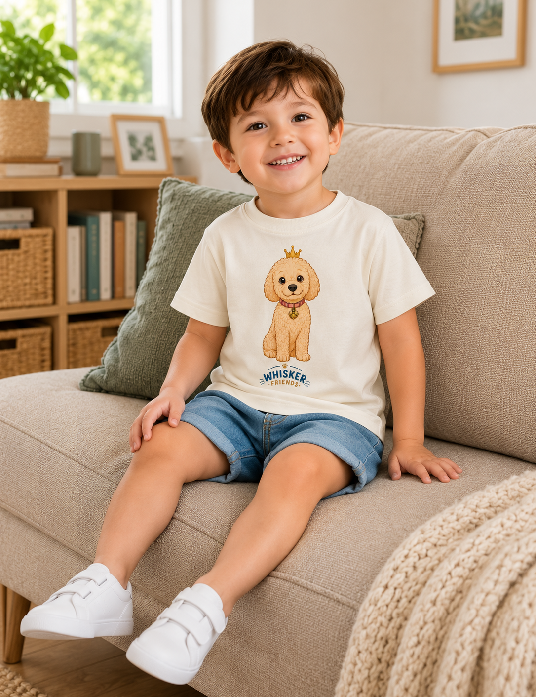 A young boy stands in a child's bedroom wearing a white t-shirt with a cartoon dog graphic and the brand name 'Whiskers' printed below it, paired with light blue denim shorts and white shoes.