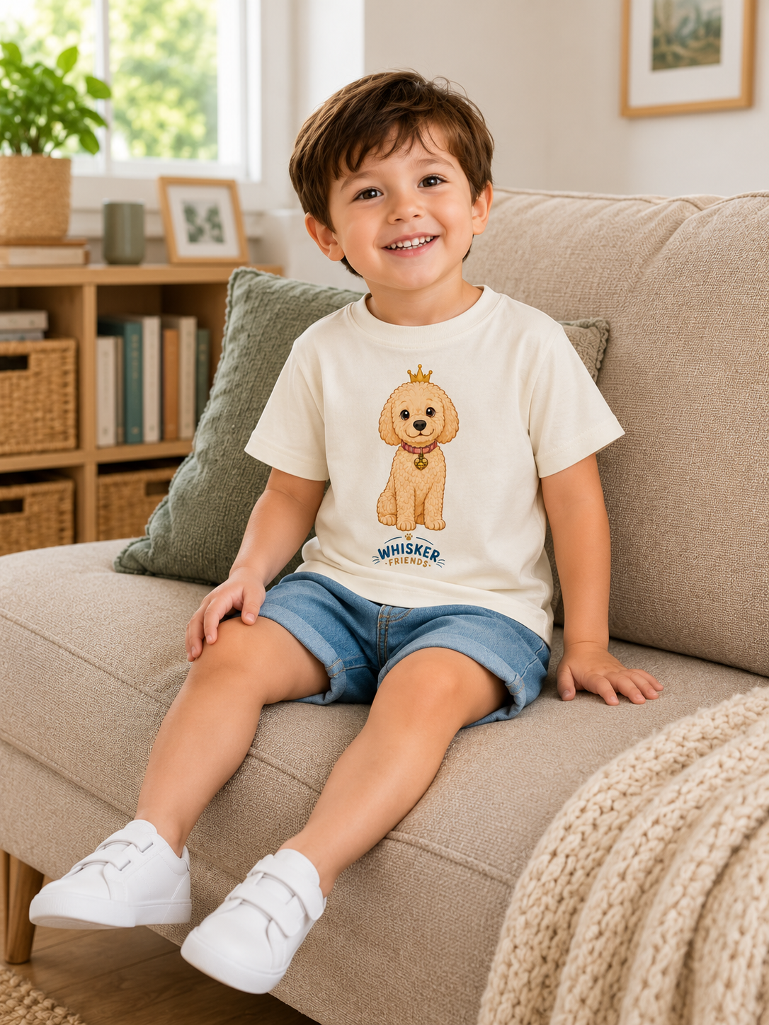 A young boy stands in a child's bedroom wearing a white t-shirt with a cartoon dog graphic and the brand name 'Whiskers' printed below it, paired with light blue denim shorts and white shoes.