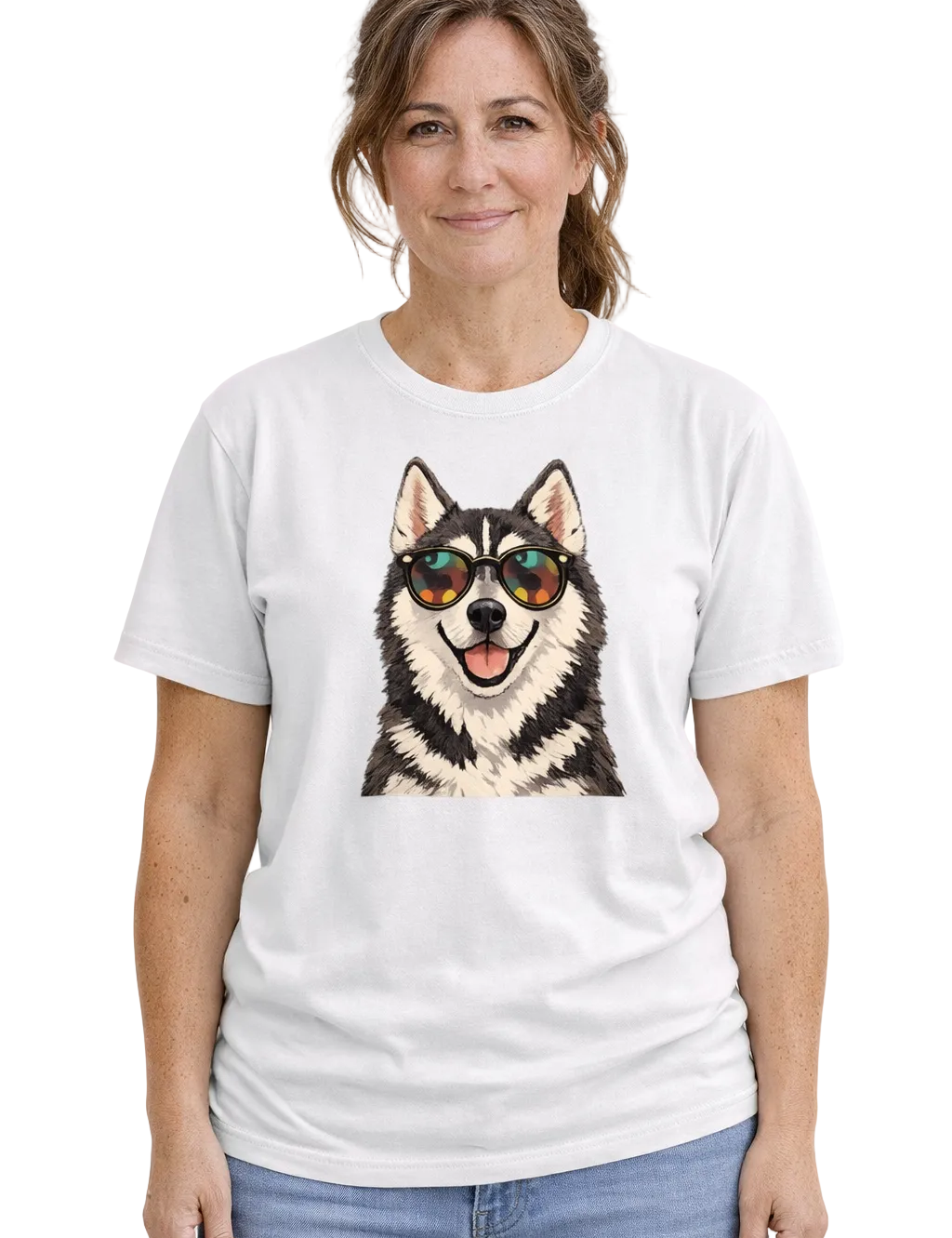 Woman wearing a white t-shirt with a dog graphic and sunglasses on a plain background