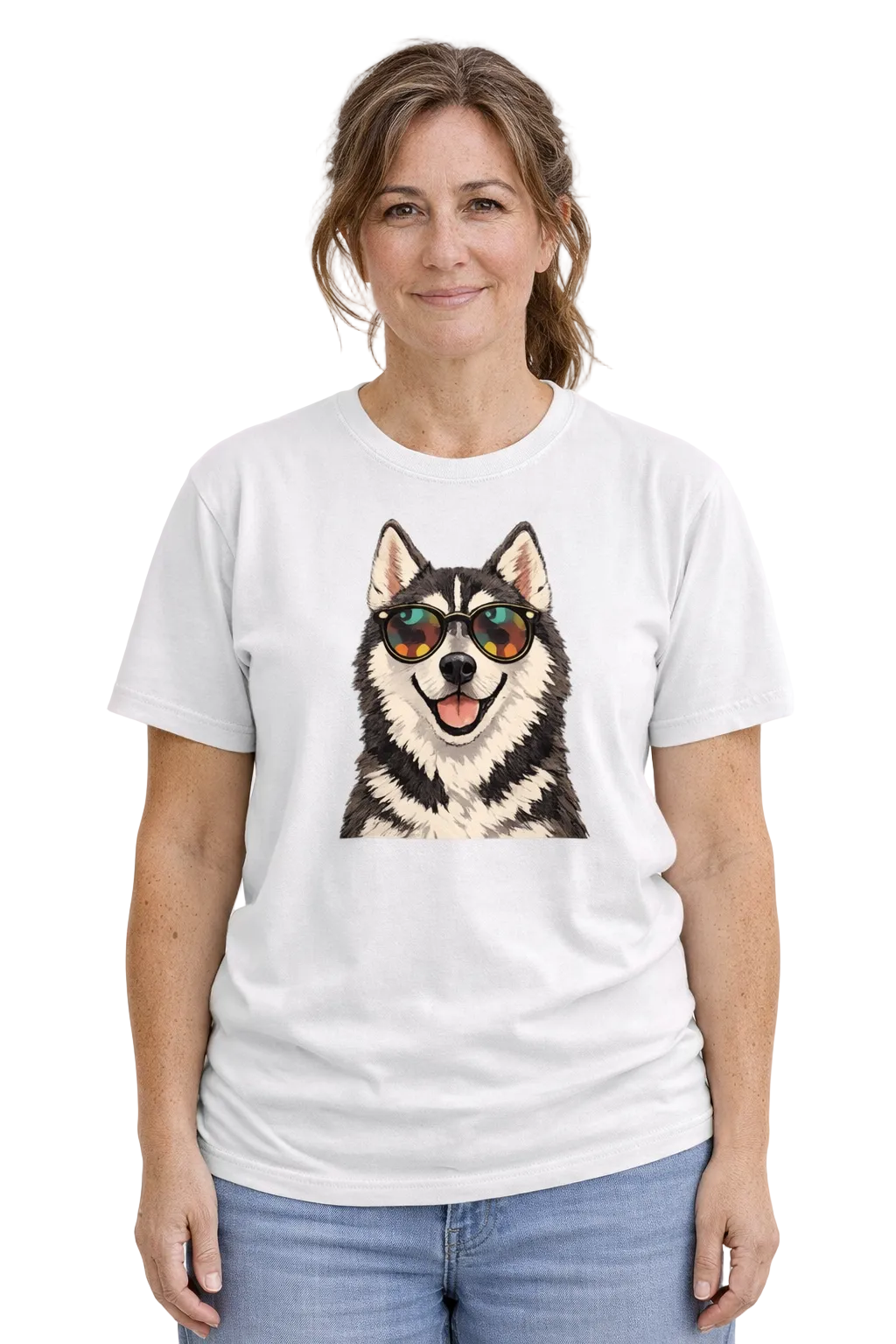 Woman wearing a white t-shirt with a dog graphic and sunglasses on a plain background
