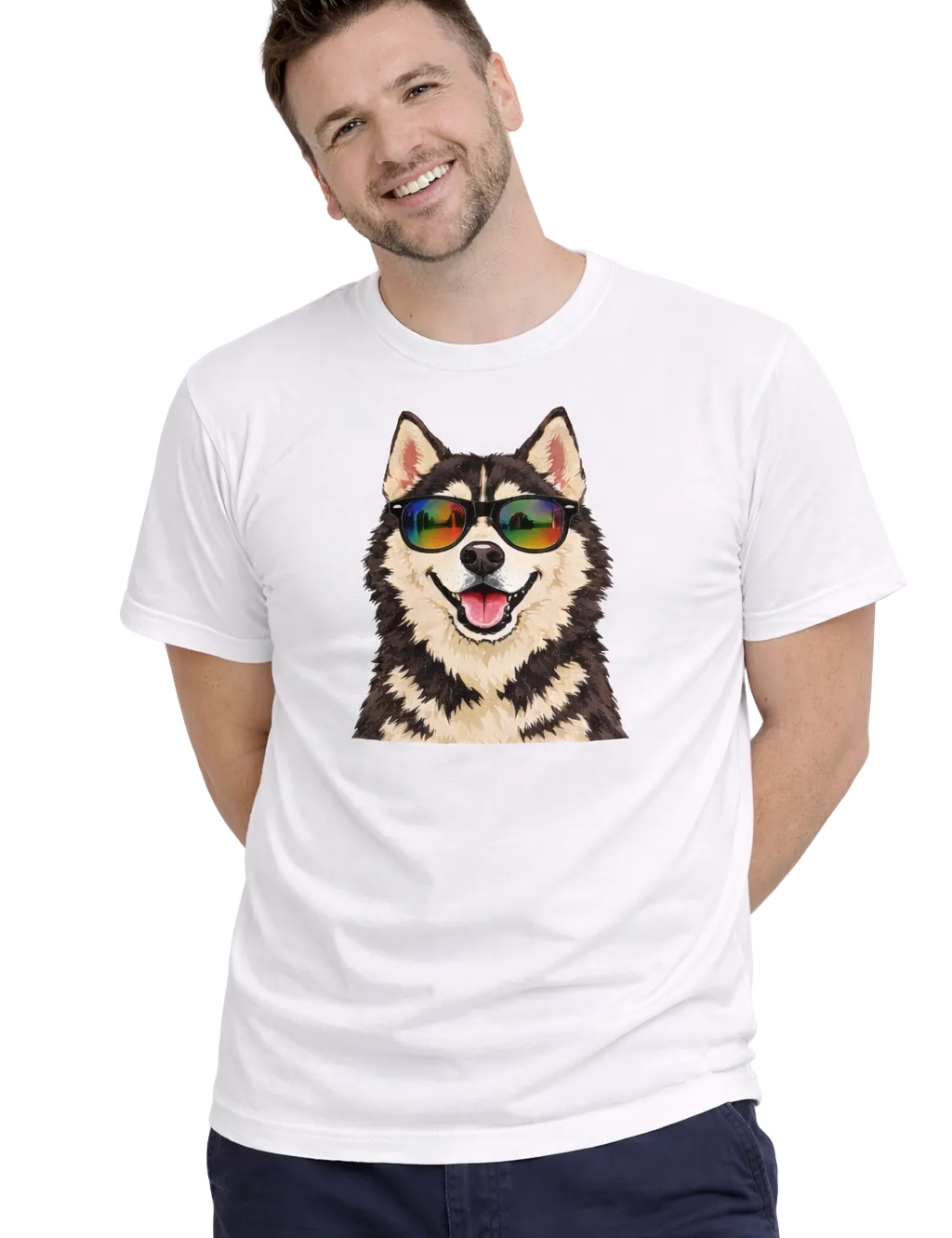Man wearing a white t-shirt with a dog graphic and sunglasses on a white background
