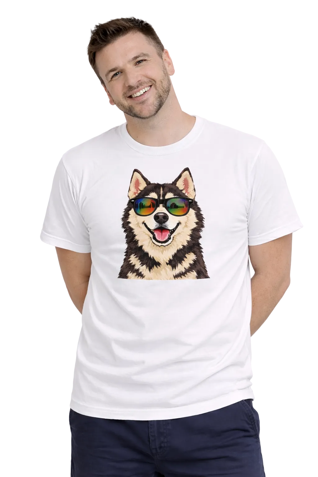 Man wearing a white t-shirt with a dog graphic and sunglasses on a white background
