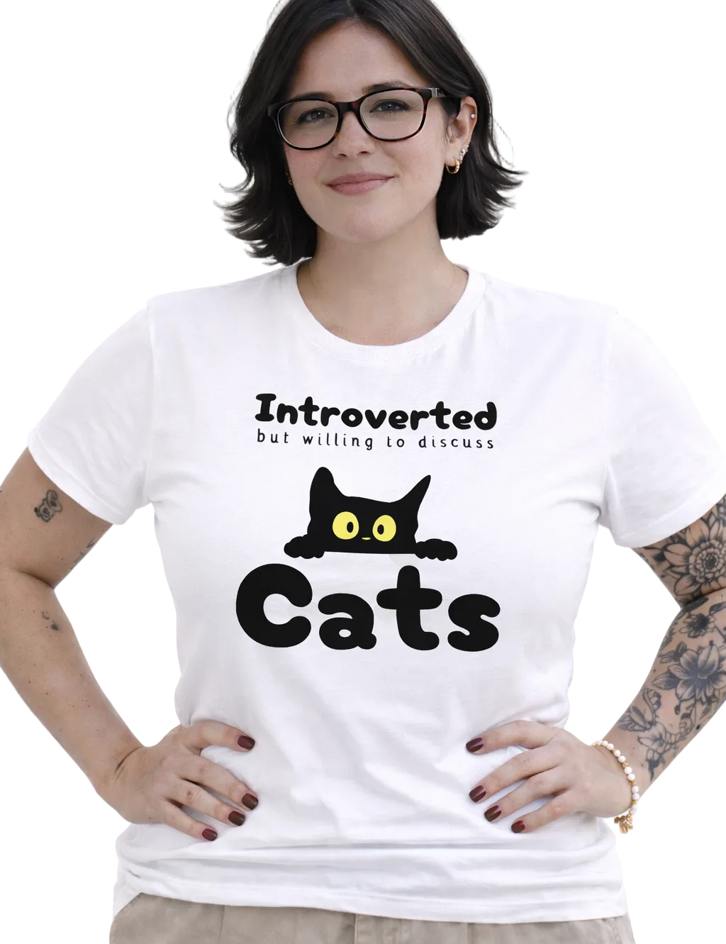 Woman wearing a white t-shirt with a cat-themed design and text.