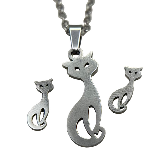 Cat Silhouette Necklace & Earrings Set