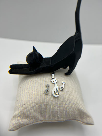 Cat Silhouette Necklace & Earrings Set