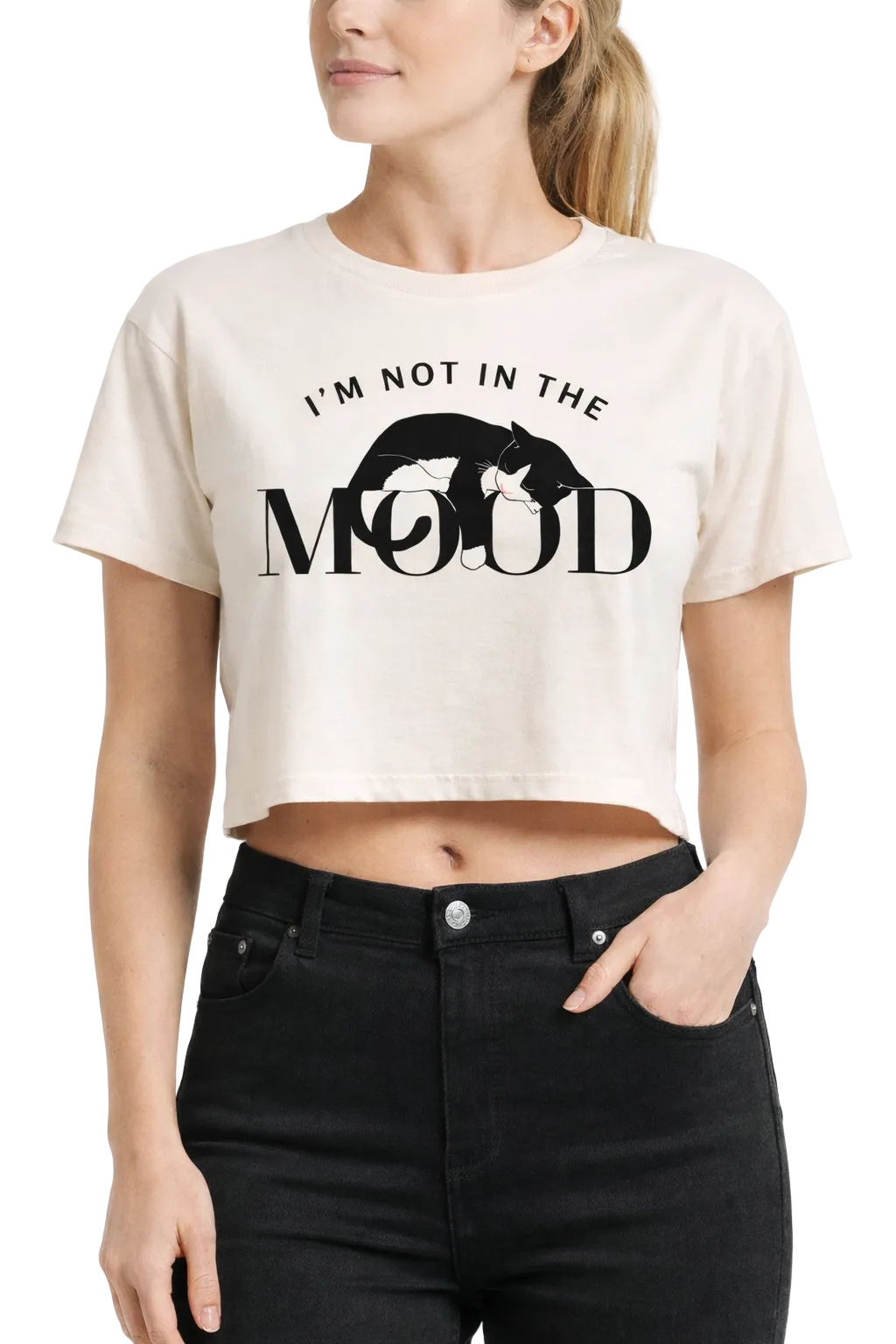 Woman wearing a white crop top with text and graphic design.