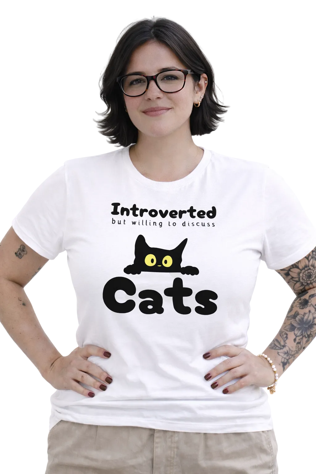 Woman wearing a white t-shirt with a cat-themed design and text.