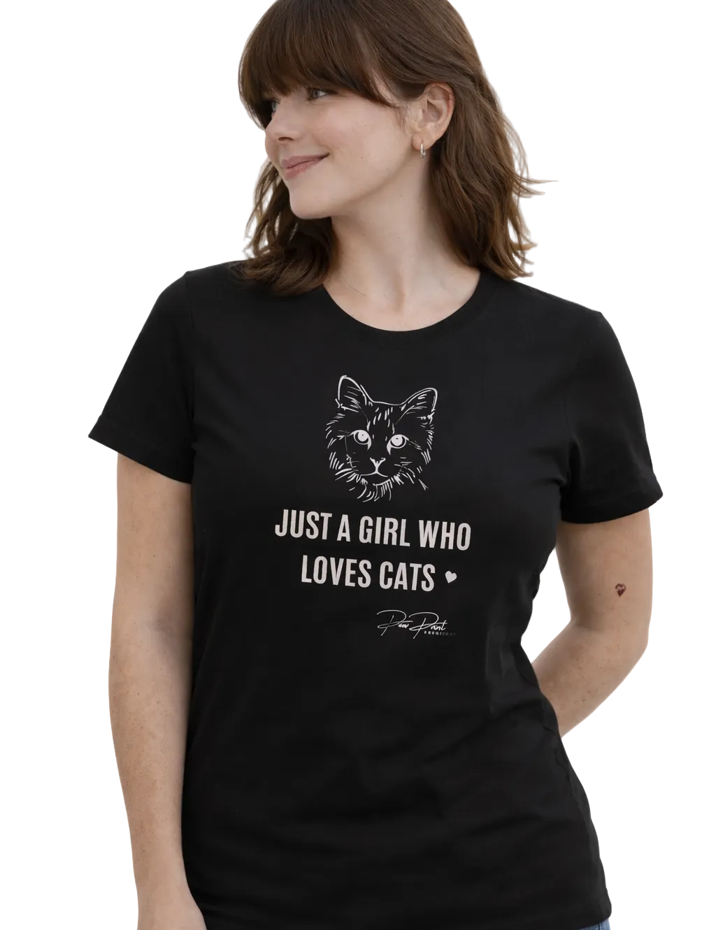 Woman wearing a black t-shirt with a cat graphic and text on a white background