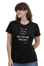 Woman wearing a black t-shirt with a cat graphic and text on a white background