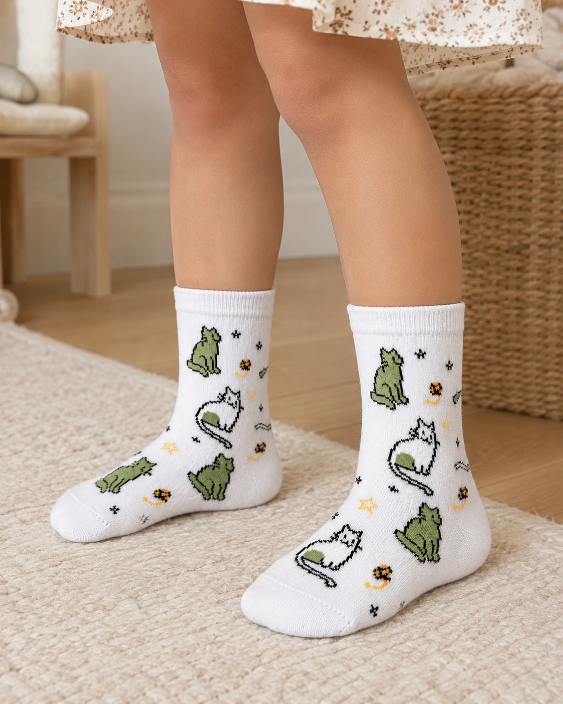White crew socks with a playful pattern of cartoon frogs, cats, and small flowers, shown on a child's feet in a cozy indoor setting.