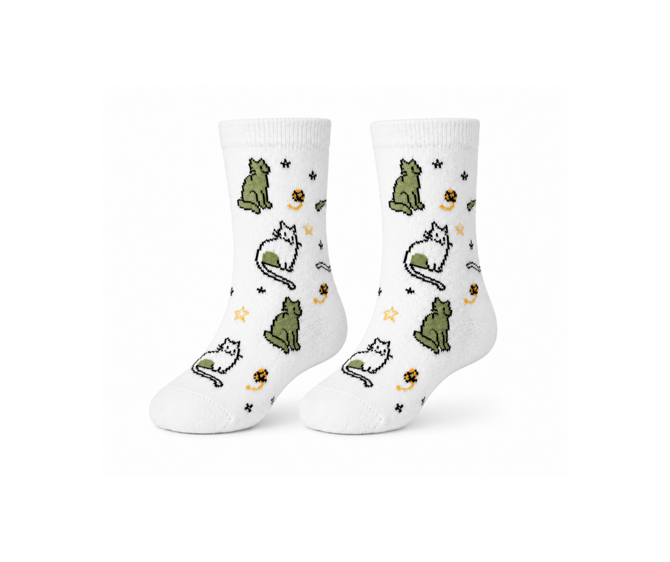 A pair of white crew socks featuring a cute pixel-art cat pattern with green, white, and black cats, small yellow flowers, and black stars.