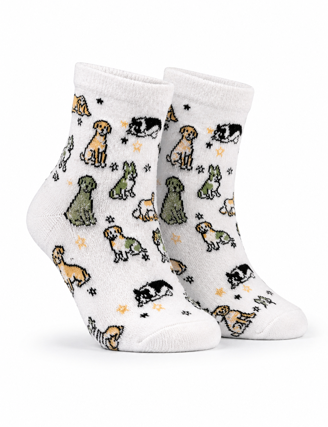 White socks with dog pattern on a white background