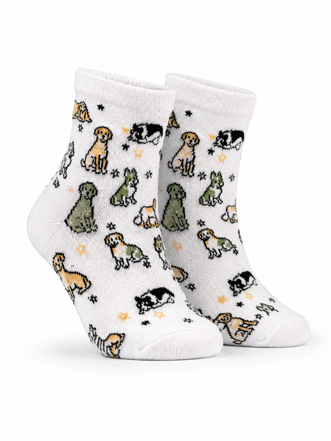 White socks with dog pattern on a white background
