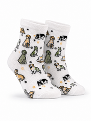 White socks with dog pattern on a white background