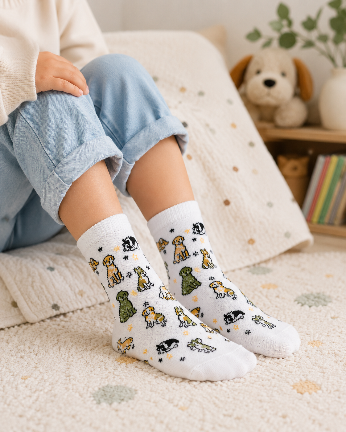 White socks with dog pattern worn by a person on a white background