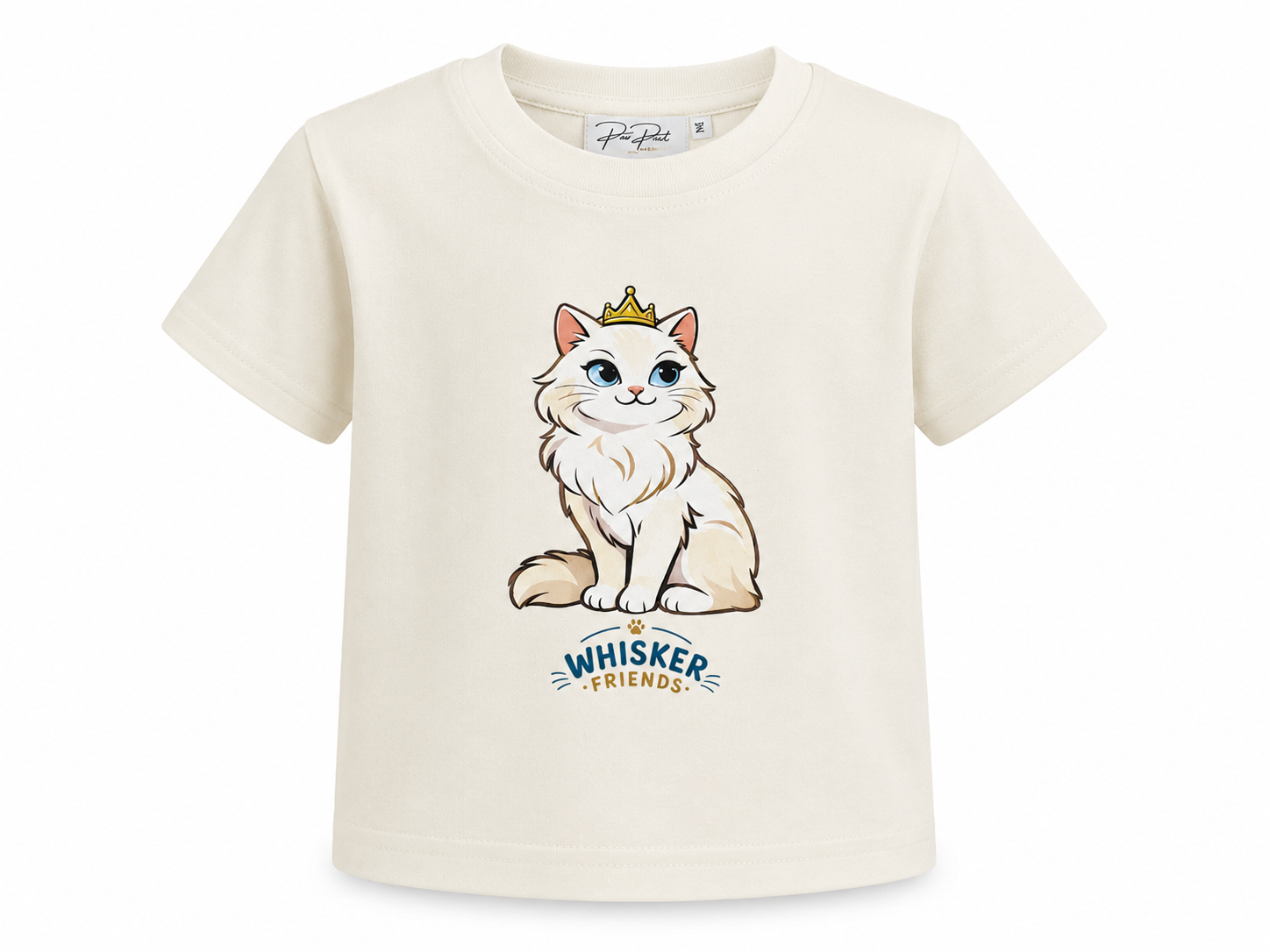 An off-white short-sleeve baby t-shirt featuring a cartoon illustration of a fluffy white cat wearing a gold crown, with the text 'A WHISKER FRIEND' printed below.